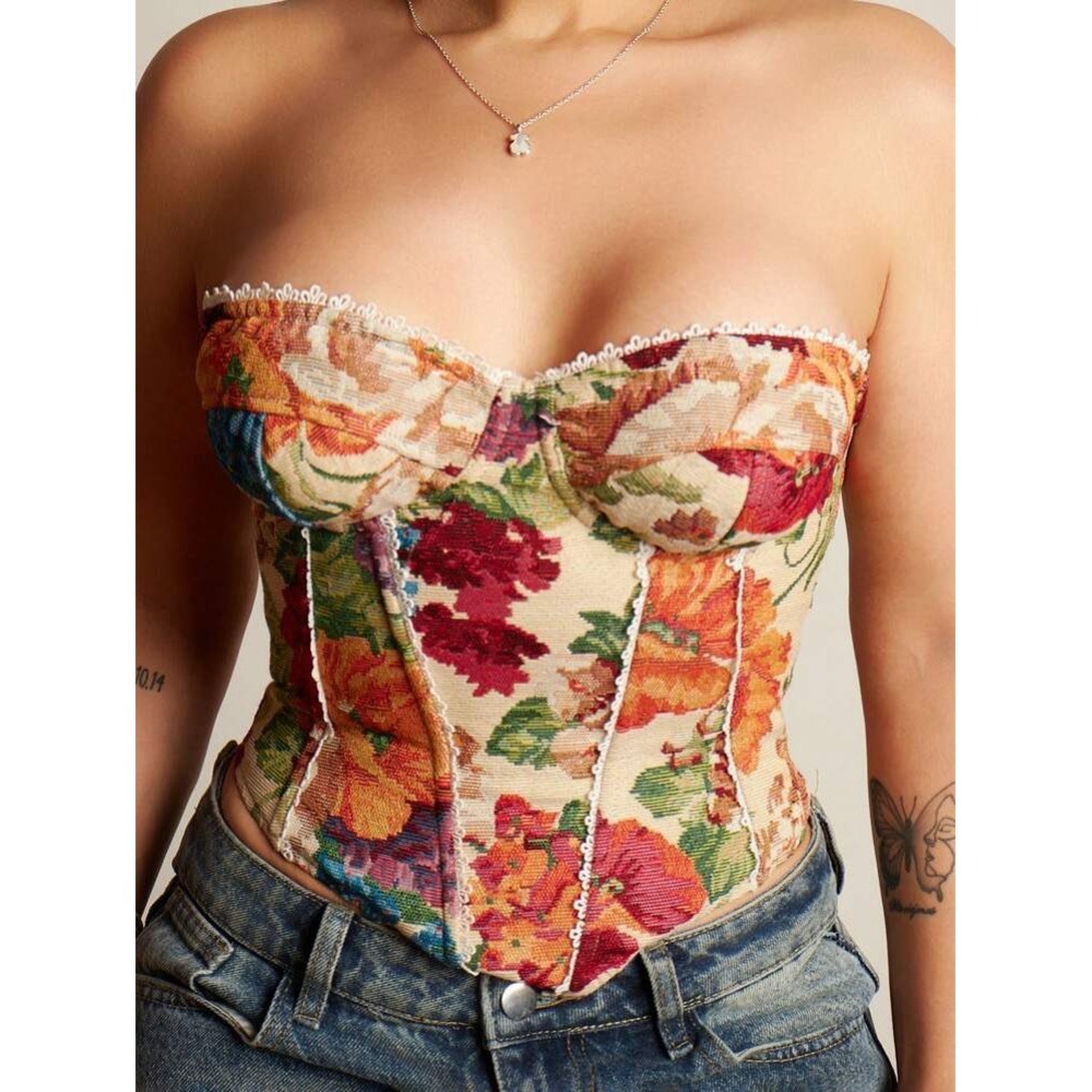 SHEIN Floral Tapestry Lace Up Corset Top Strapless Sweetheart Bodice Multicolor